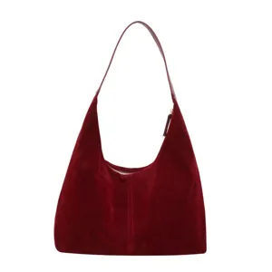 Wine red suede hobo shoulder bag, large capacity retro casual tote bag with smooth zipper closure.