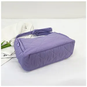 Purple quilted nylon shoulder bag, large capacity casual crossbody tote for women.