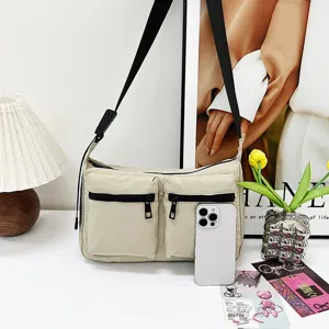 Minimalist casual canvas shoulder bag with multi pockets, stylish daily crossbody bag for women.