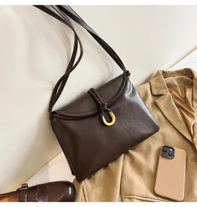 Dark brown soft leather shoulder bag with chic braided strap and gold horseshoe metal buckle.