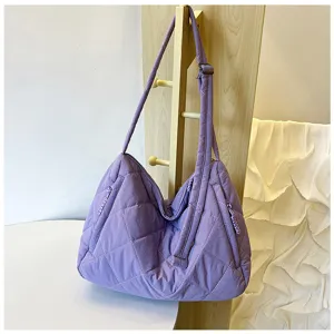 Purple quilted nylon shoulder bag casual large capacity hobo tote handbag for women