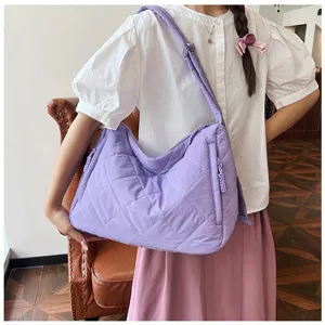 Purple nylon quilted shoulder bag for women, large capacity puffer hobo crossbody tote.