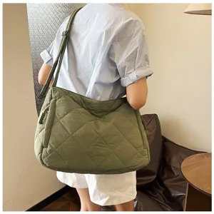 Large capacity nylon diamond quilted shoulder bag, casual puffer tote and handbag.