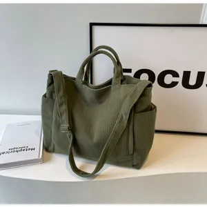 Green corduroy tote bag large capacity shoulder messenger bag for women casual daily use