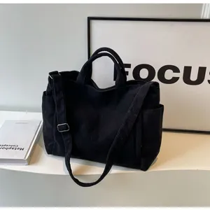 Black corduroy tote bag, large capacity shoulder bag and crossbody bag for women daily use.
