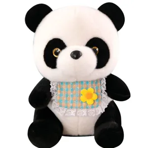 Mignon panda en peluche animal en peluche poupée douce avec bavoir à carreaux cadeau d'enfant.