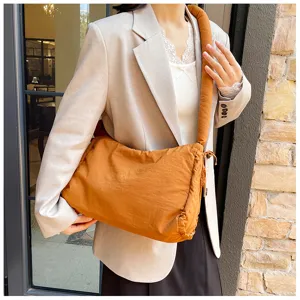 Brown Padded Shoulder Crossbody Bag Drawstring Tote Casual Commuter Handbag for Women