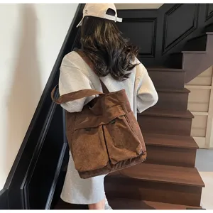 Large capacity corduroy shoulder bag for women, Japanese style casual tote bag for daily commute.