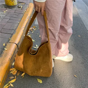 Vintage brown suede shoulder bag, casual large capacity tote for daily commute and fashion wear.