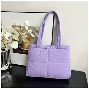 Purple nylon quilted tote bag, soft padded shoulder handbag, casual chic daily shopper.
