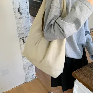 Korean minimalist solid color lazy style canvas tote bag, large capacity shoulder bag.
