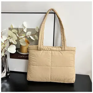 Stylish nylon quilted tote bag for women, soft puffer shoulder bag with grid design.