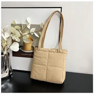 Beige quilted nylon tote bag for women, soft down-filled shoulder handbag with dual straps.