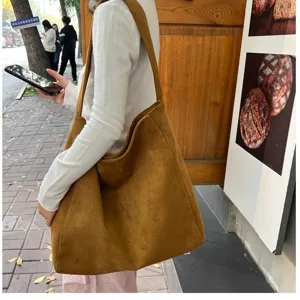 Brown suede tote bag for women, vintage casual large capacity shoulder bag for daily commute.