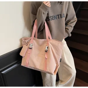 Large capacity pink nylon tote bag casual travel shoulder bag with side buckles