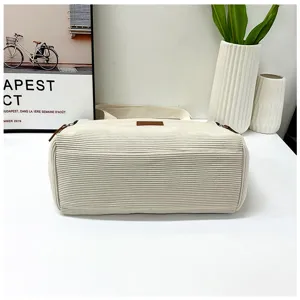 Beige corduroy tote bag, large capacity casual shoulder bag for daily use or school.
