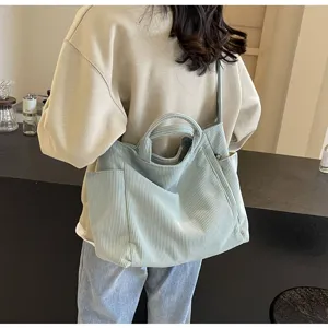 Large capacity green corduroy tote bag with double handles and shoulder strap for women daily use