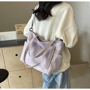 Detail view of a light purple waterproof nylon tote bag, large capacity casual style.