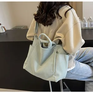 Casual large capacity corduroy tote bag for women, stylish shoulder bag and casual commuter.