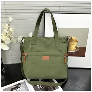 Green corduroy tote bag for women, large capacity casual shoulder and crossbody bag.
