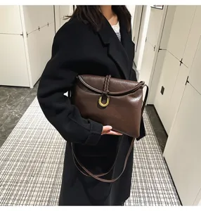 Stylish dark brown leather shoulder bag, soft envelope crossbody bag with metal ring.