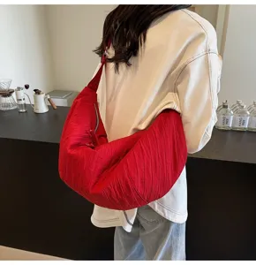 Borsa a tracolla plissettata stile coreano semplice, grande capacita borsa leggera tinta unita.