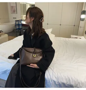 Minimalist dark brown leather shoulder bag, soft large capacity envelope crossbody bag.