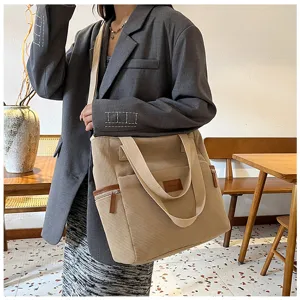 Large capacity corduroy tote bag for women, stylish shoulder bag, casual everyday handbag.