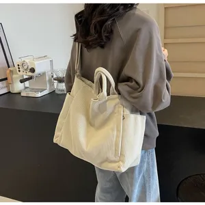 Corduroy tote bag for women large capacity shoulder bag casual commuter handbag daily use