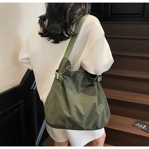 Lightweight nylon shoulder bag for women, casual commuter tote bag, dark green daily handbag.
