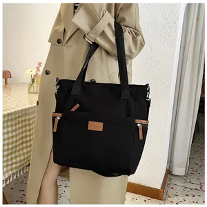 Black corduroy tote bag for women large capacity shoulder handbag casual crossbody tote.