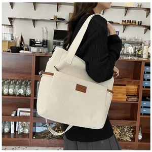 Large capacity corduroy tote bag for women, stylish single-shoulder casual handbag, student daily.