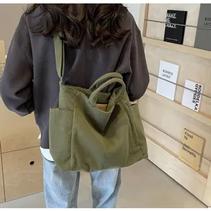 Green corduroy tote bag for women, large capacity shoulder and crossbody bag for daily commute.