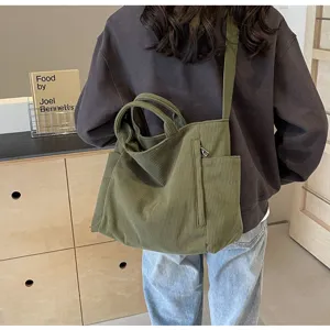 Green corduroy tote bag large capacity shoulder handbag casual commuter crossbody bag