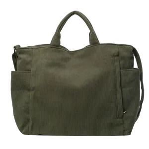 Large capacity green corduroy tote bag for women, casual single shoulder crossbody bag.