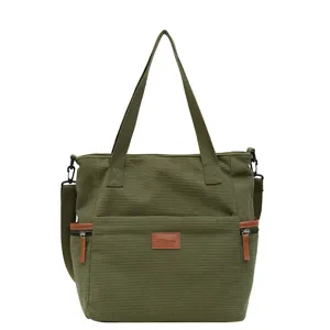 Green corduroy tote bag for women, large capacity shoulder bag, casual crossbody handbag.