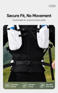 Detail view of lightweight running hydration backpack vest with adjustable chest straps and pockets.