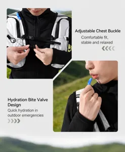 Outdoor backpack chest adjustment buckle and survival whistle detail feature close up