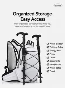 White lightweight outdoor sports backpack detail view, breathable mesh and poles.