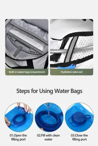 Outdoor sports backpack detail showing built-in hydration bladder compartment and steps.