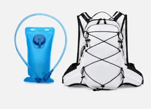 Close-up detail of lightweight outdoor sports backpack and hydration water bladder accessories.