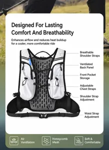 Detailed view of the breathable running hydration vest with mesh pockets and adjustable straps.