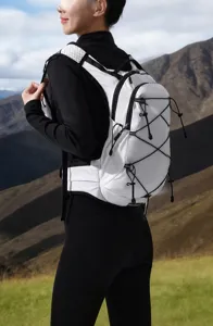 Outdoor sports backpack detail view showing breathable mesh and adjustable straps.