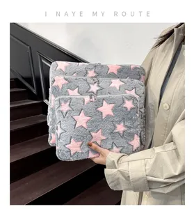 Fluffy plush laptop sleeve bag with pink star pattern, soft tablet storage case cute.