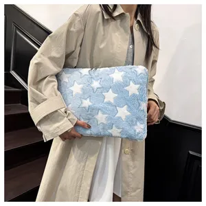 Blue star plush laptop sleeve, fluffy tablet storage bag, soft winter cute carrying case.