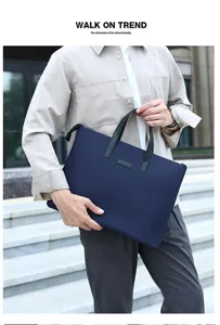 Men minimalist business laptop bag waterproof blue office briefcase with handle 14 inch