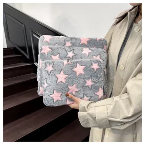 Plush laptop sleeve with grey and pink star pattern, soft texture, tablet storage bag detail.