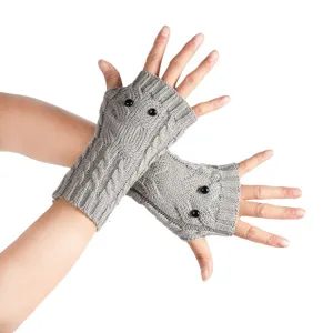 Gants sans doigts en tricot hibou gris hiver chaud mignons yeux bouton demi doigts mode