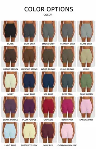 Detailierte Farbkarte zeigt verschiedene einfarbige Optionen für hochtaillierte Fitnessshorts.