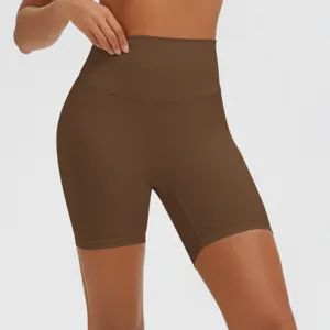 Pantaloncini da yoga marroni a vita alta da donna, pantaloncini fitness senza cuciture.